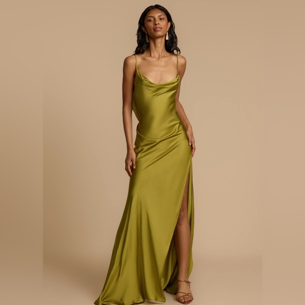 Green Asymmetrical Slip Dress with Cowl Neck